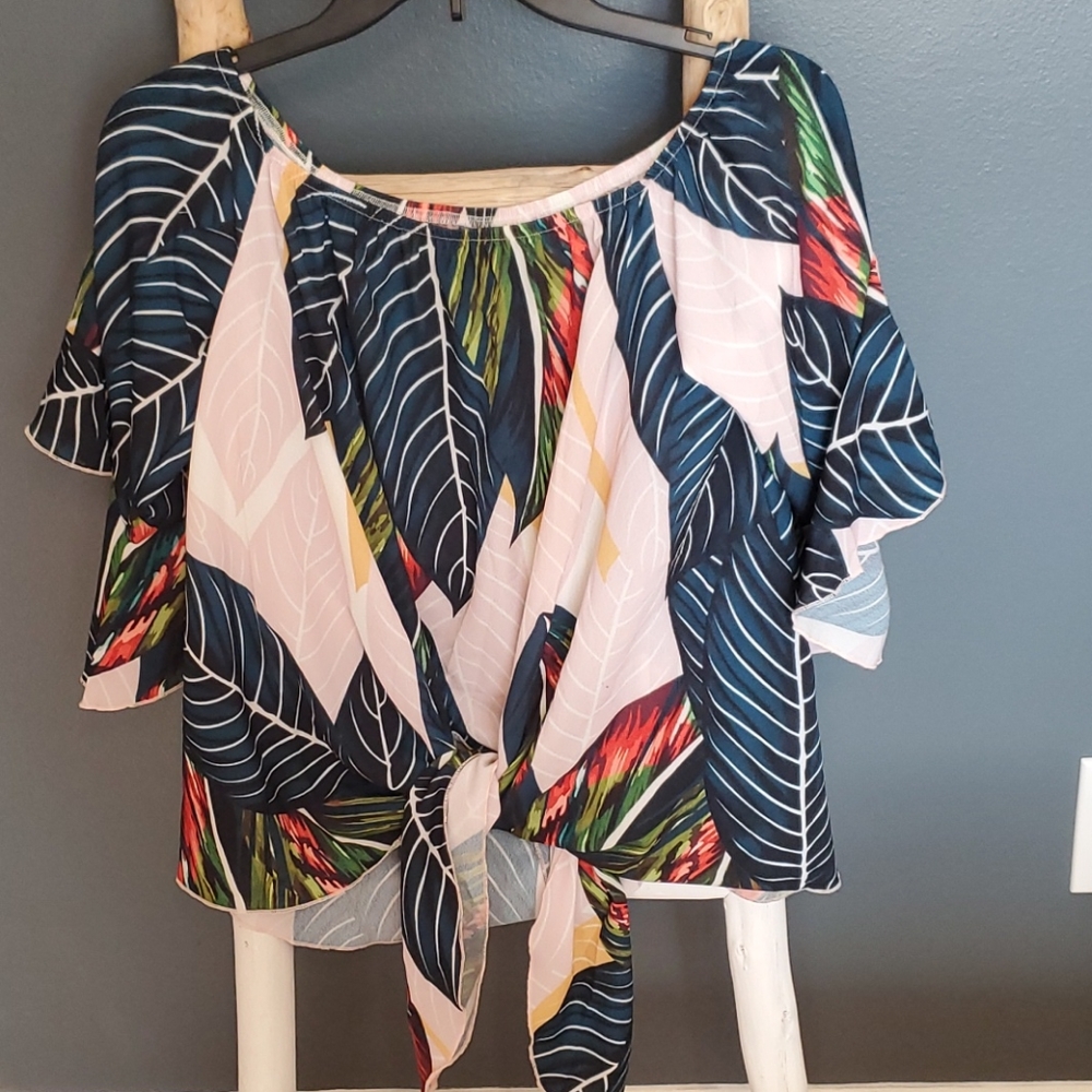 tropical floral off-the-shoulder blouse bell sleeves and a knot front Medium